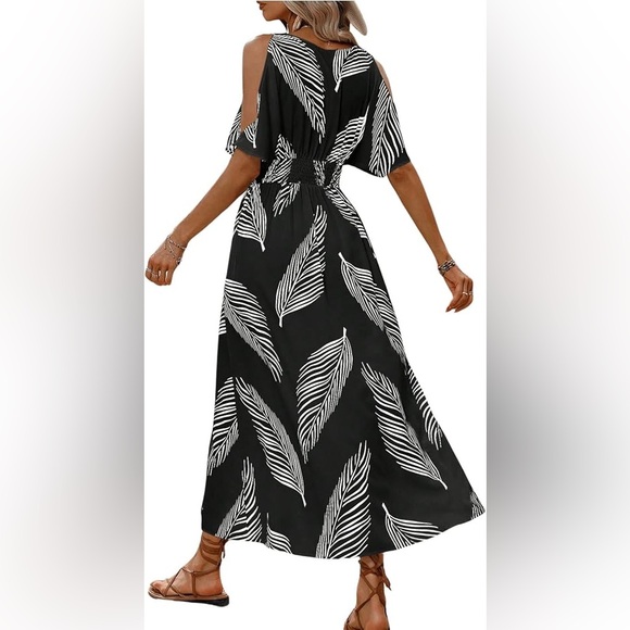 Dress Women's Tropical Print V Neck Cold Shoulder Split Thigh Long maxi 2xl - Picture 2 of 7